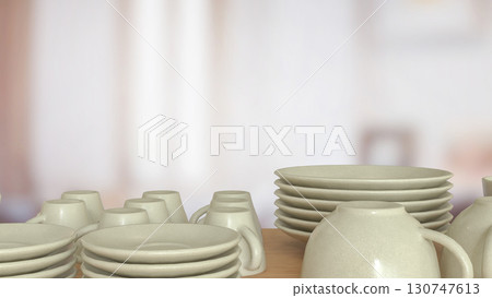 The Ceramic kitchen ware on wood table for food concept 3d Rendering. The Ceramic kitchen ware on wood table for food concept 3d Rendering. 130747613