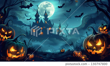 萬聖節插圖:滿月照亮的幽靈城堡和南瓜燈 萬聖節插圖:滿月照亮的幽靈城堡和南瓜燈 130747800