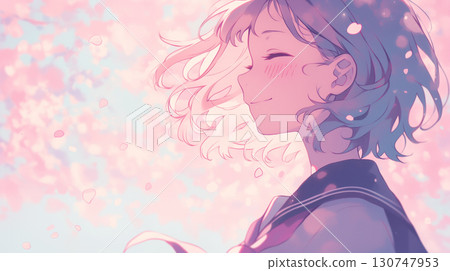 粉紅色櫻花環繞的清爽高中女生形象 130747953