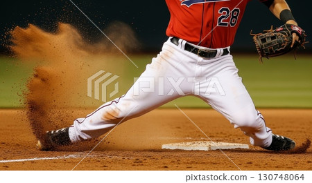 Baseball Player Sliding into Base with Dust Cloud 130748064