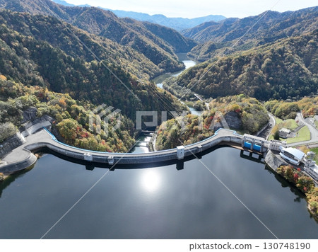 [Aerial view of Yagisawa Dam and Lake Okutone] Autumn foliage of the mountains and lake 130748190