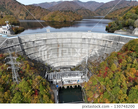 [Aerial view of Yagisawa Dam and Lake Okutone] Autumn foliage of the mountains and lake 130748200