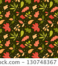 Autumn pattern vector. Fall leaves seamless background. Flat and doodle seasonal elements. Colorful hand drawn botanical pattern. Yellow, green and red colors. 130748367