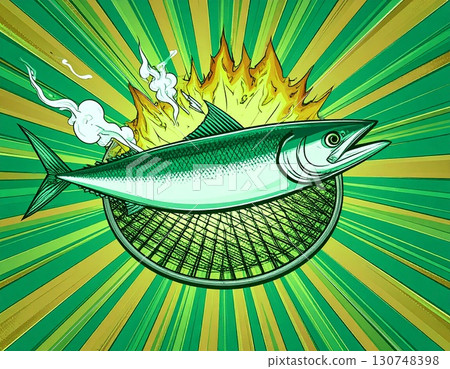 Illustration of grilled saury on a charcoal grill 130748398
