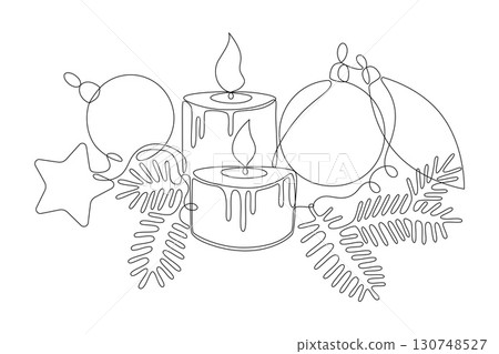 Festive candles with baubles and fir sprigs in continuous one-line style, minimalism, abstract, celebrating Christmas. Editable vector outline 130748527