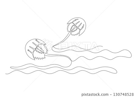 Composition with marine armored horseshoe crabs and waves, continuous drawing in one line, minimalism, abstraction, xiphosurida, biological oceanography, one line. Editable vector contour 130748528