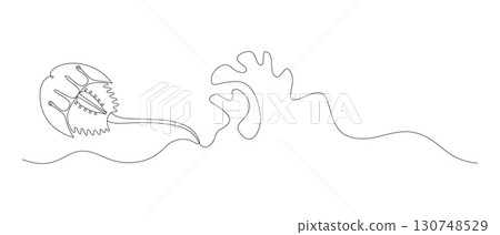 Marine armored horseshoe crab and waves, continuous drawing in one line, minimalism, abstraction, xiphosurida, biological oceanography, one line. Editable vector contour 130748529