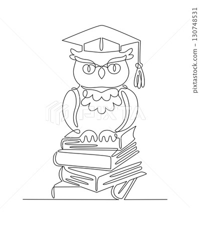 Wise owl sitting on stack of books wearing confederate cap, continuous one line drawing, minimalism, abstract, symbol of science, learning, academic degree, one line. Editable vector outline 130748531