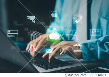 Hacker, Scam alert warning with cybersecurity icons. Businessman being deceived the internet to steal personal information. Warning sign with icons representing online threats, phishing, cybersecurity Hacker, Scam alert warning with cybersecurity icons. Businessman being deceived the internet to steal personal information. Warning sign with icons representing online threats, phishing, cybersecurity 130748611