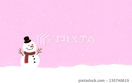 A girly background illustration with a snowman and falling snow on a pink background A girly background illustration with a snowman and falling snow on a pink background 130748619