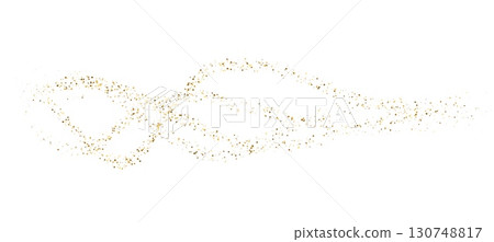 Dynamic golden small particles flow with shine effect. Flying gold confetti tinsel. Decoration for carnival party, holiday event, birthday, New Year, Christmas, Wedding ceremony. Vector illustration 130748817
