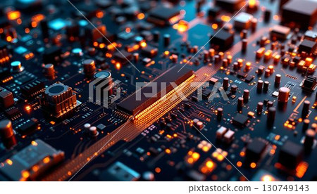 Close-up of a circuit board illuminated by numerous lights, showcasing intricate technology and design 130749143