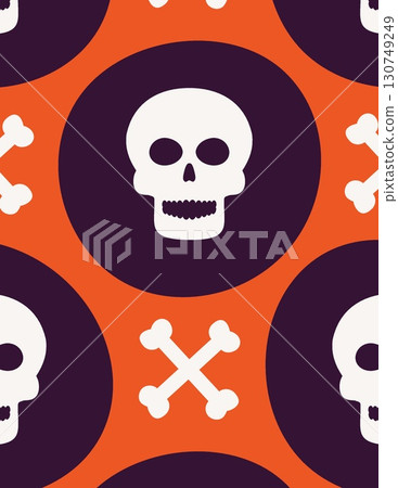 halloween-themed skull and crossbones pattern with vibrant orange and purple background halloween-themed skull and crossbones pattern with vibrant orange and purple background 130749249