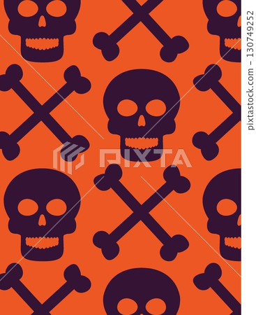 repeating pattern of black skulls and crossed bones on an orange background for Halloween decor 130749252