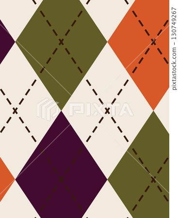 geometric tartan pattern with colorful diamond shapes and dashed lines for visual design 130749267