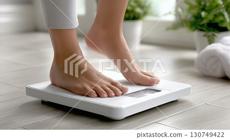Person weighing themselves on a scale in a bright indoor space 130749422