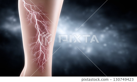 Creative depiction of lightning striking a human leg in a dramatic setting 130749423