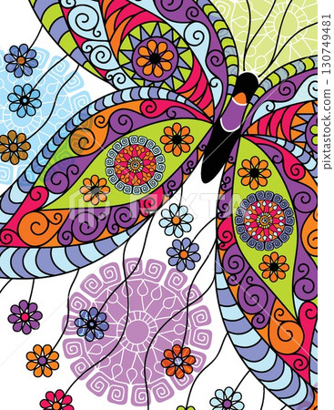 colorful intricate butterfly mandala design with floral accents and detailed patterns 130749481