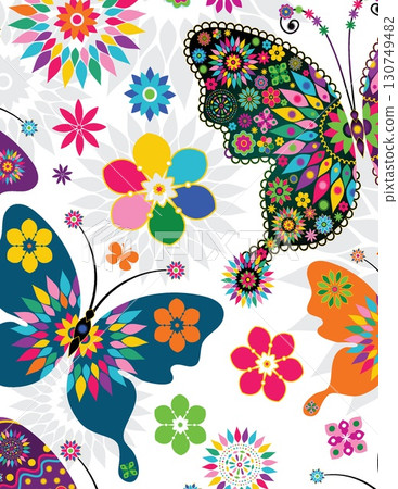 vibrant colorful butterfly and flower pattern with intricate details and lively design 130749482