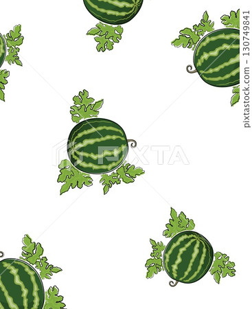 seamless pattern featuring realistic watermelons with green rinds and leafy stems on white background 130749841
