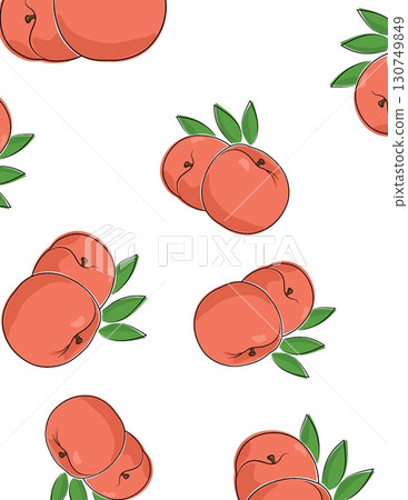 cartoon peaches with green leaves scattered on a white background cartoon peaches with green leaves scattered on a white background 130749849