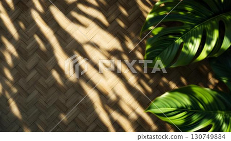 Textured bamboo wall casting palm tree shadows, embodying a warm and inviting tropical summer setting 130749884