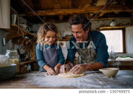 A man and a little girl are making a pizza together in a kitchen 130749975