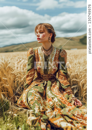 A woman is sitting in a field of wheat, wearing a green and yellow dress A woman is sitting in a field of wheat, wearing a green and yellow dress 130749976