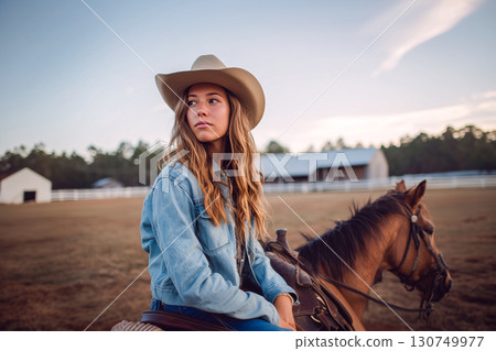 A woman in a cowboy hat is sitting on a horse in a field 130749977