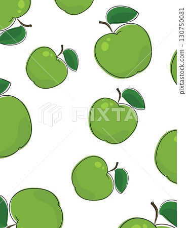 pattern of green apples with leaves on white background in a seamless design 130750081