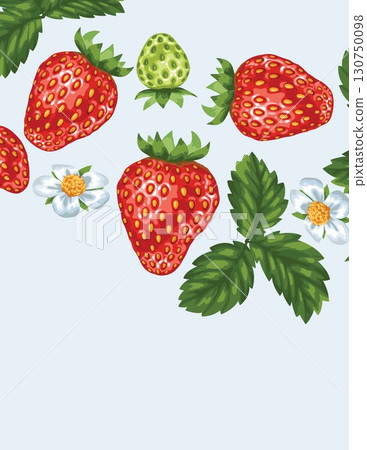 illustration of fresh strawberries, leafy green leaves, and white blossoms for a nature-inspired pattern design 130750098