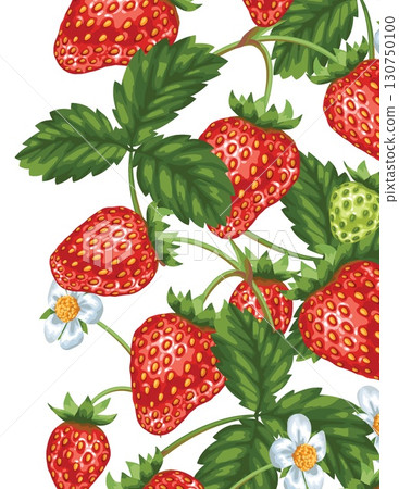 vibrant strawberry plant with ripe and unripe berries and lush green leaves in a detailed botanical illustration 130750100