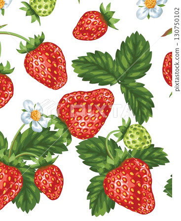fresh strawberries and green leaves pattern with white flowers for summer design 130750102