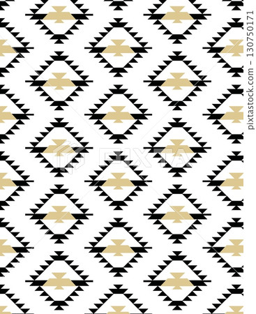 geometric tribal pattern with symmetrical diamond shapes in black, white, and beige including zigzag borders for modern decor 130750171