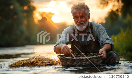 Old Man Crafting Wicker Basket by River at Sunset Old Man Crafting Wicker Basket by River at Sunset 130750340