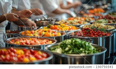 Chefs Preparing Colorful Dishes in Commercial Kitchen 130750341