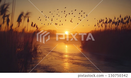 Flock of Birds Flying over Lake at Sunrise 130750342