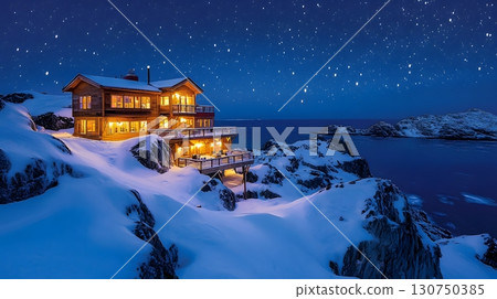 Idyllic Wooden Cabin Amidst Snowy Winter Wonderland 130750385