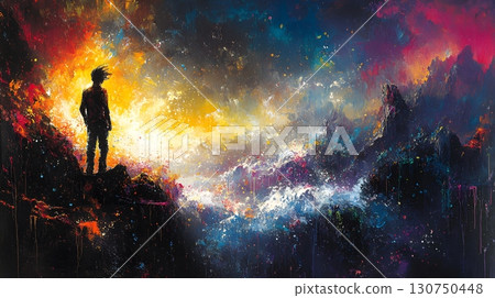 Contemplative Figure Gazing Over Abstract Landscape 130750448