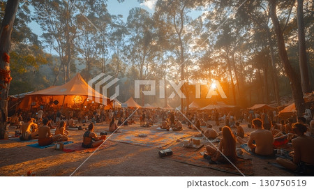Festival Gathering at Sunset in a Forest Setting 130750519