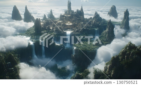 Fantasy City Above the Clouds with Waterfalls and Mountains 130750521