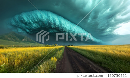 Shelf Cloud Over Country Road in Yellow Field 130750531