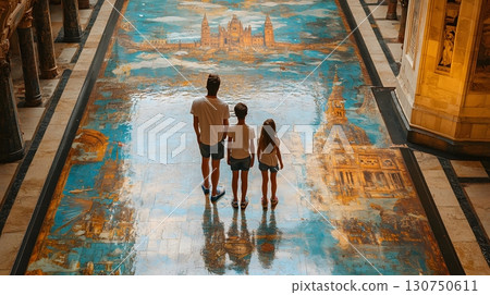 Father with children standing on a large historical tile floor inside Plaza de Espa?a, Seville. 130750611