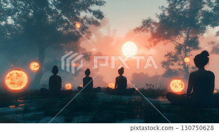 Meditation in a Forest Lit by Lanterns and Sunset 130750628