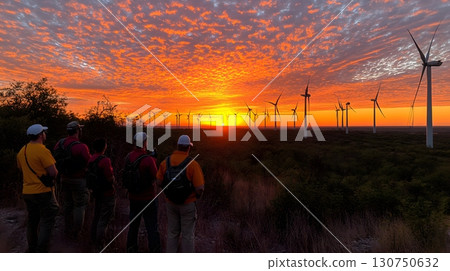 Group Watching Wind Farm Sunset 130750632