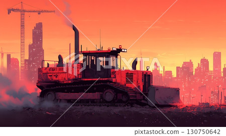 Heavy Bulldozer in Cityscape Construction Site 130750642