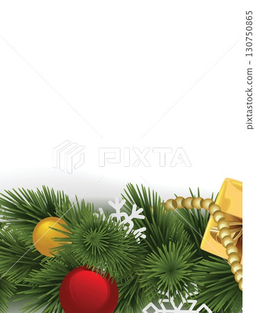 festive holiday pine branches with ornaments and gift box scene for christmas 130750865
