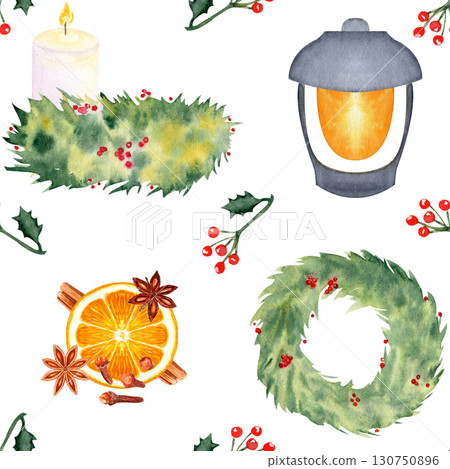 Wreaths, orange with spices, lantern, candle, holly, watercolor seamless pattern isolated on white. Perfect for Christmas, textile, stationary, scrapbooking, wrapping paper, festive seasonal design Wreaths, orange with spices, lantern, candle, holly, watercolor seamless pattern isolated on white. Perfect for Christmas, textile, stationary, scrapbooking, wrapping paper, festive seasonal design 130750896