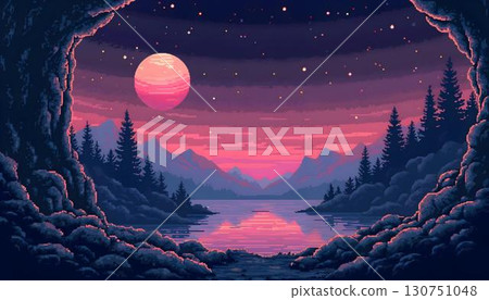 Pixel art representation of a sunset forest trail, crafting a lively retro landscape perfect for gaming backgrounds 130751048