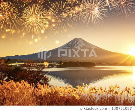 New Year's background with golden sunrise and Mt. Fuji New Year's background with golden sunrise and Mt. Fuji 130751097